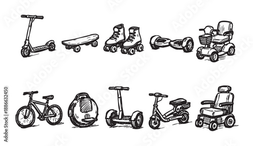 Hand-drawn vector illustration featuring a scooter, skateboard, roller skates, hoverboard, mobility scooter, bike, unicycle, and wheelchair, presented in black ink on a white background.