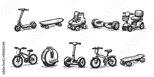 A hand-drawn style illustration of various personal transport devices including scooters, bikes and skateboards, ideal for posters, websites or infographics.