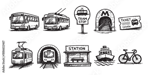 Hand-drawn illustration showing various public transport icons including bus, tram, train, station, boat, and bicycle in a sketchy, vintage style for design use.