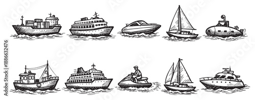 This graphic depicts a black and white hand-drawn illustration of various vessels sailing on water, including a cargo ship, yacht, and submarine. It's ideal for nautical themes.