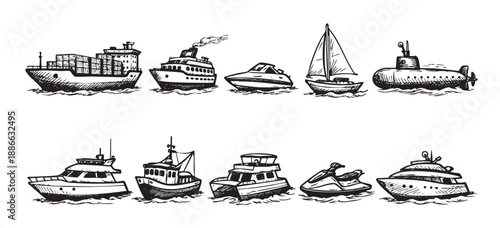 Hand drawn illustrations of various ships and boats, including a cargo ship, yacht, cruise ship, and submarine, against a white background with choppy line-work details.
