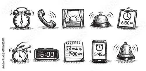 Black and white doodle style vector icons featuring various wake-up methods and items like clocks, a bell, sunrise, phone ringing, and alarm reminders.