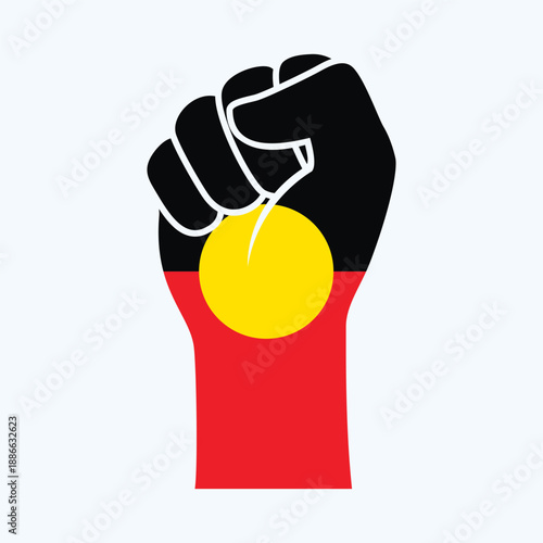 Clenched fist in Australian Aboriginal Flag colors vector illustration. Australian Aboriginal hand raised fist icon isolated on a gray background. Australian Aboriginal flag fist protest symbol