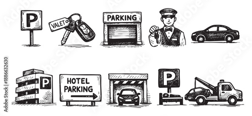 Hand drawn illustrations depict valet parking, garages, towing service, with keys, attendants, and signs, in a vintage sketched style.