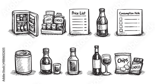 Black and white hand-drawn vector illustrations of a mini fridge, chocolate, price list, and other convenience store items for design and marketing.