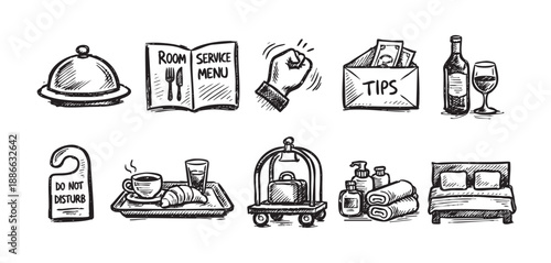 A set of hand drawn sketch style icons representing hotel services and amenities like room service, tips, luggage service, and spa in black and white.