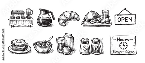 This is a sketched illustration of different breakfast food items, including coffee, cereal, toast, and more for menus and graphic design.