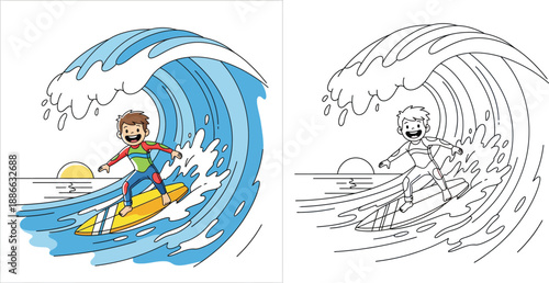 Cartoon surfer boy riding a big wave vector illustration with black and white outline version for coloring book page, children education, and summer water sports activity.