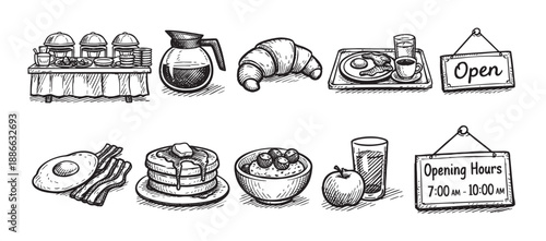 Hand drawn illustration of a breakfast buffet, coffee, croissant, and signs indicating "open" and opening hours, in a sketchy style.