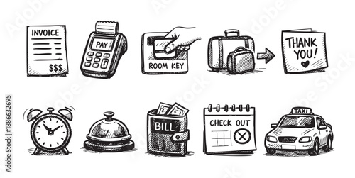 Black and white doodle style vector icon set illustrating various hotel services, payment, check in, and amenities on a white background.