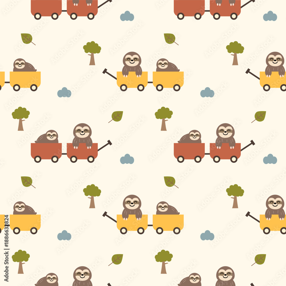 Fototapeta premium Sloth in trolley cartoon so cute. On tree cloud leaf background. Pattern seamless vector illustration. 