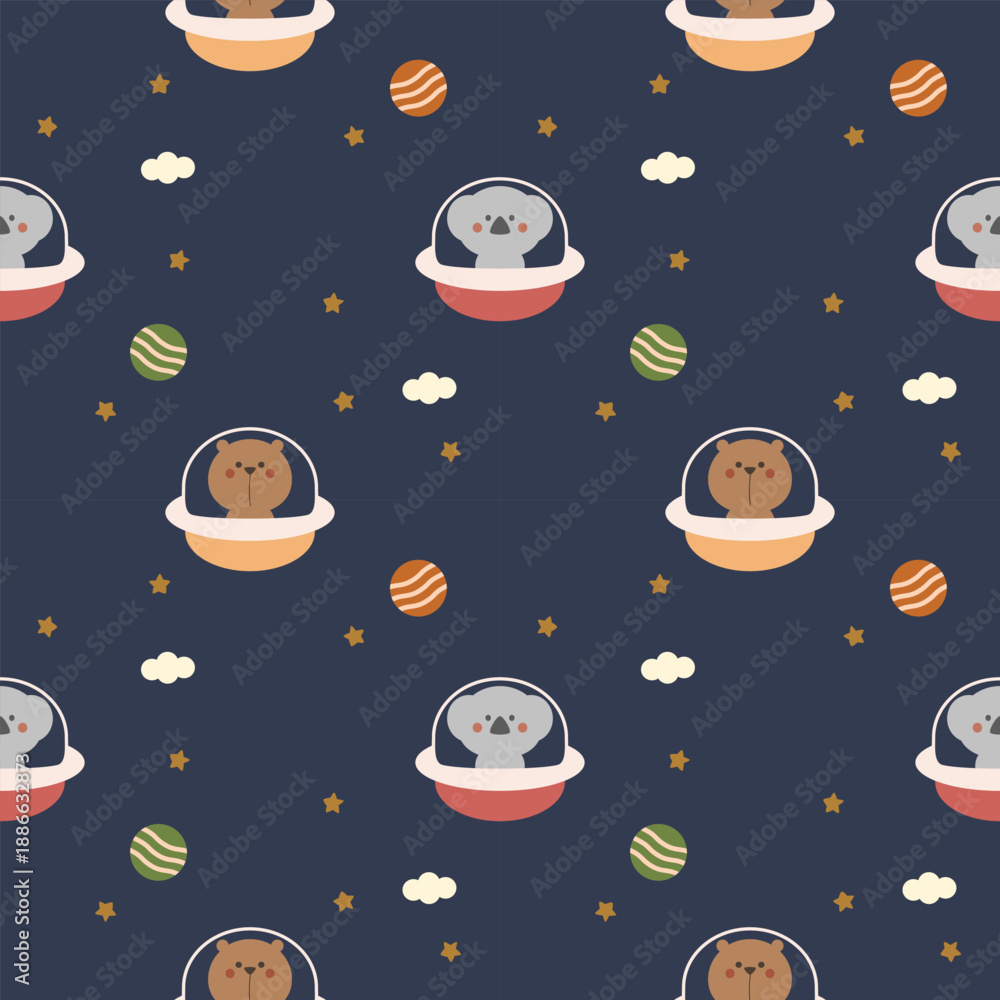 Naklejka premium Koala bear in ufo cartoon so cute. On star cloud planet background. Pattern seamless vector illustration. 