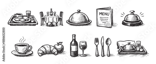 Black and white sketch illustration of hotel restaurant related icons showcasing dining, service, and amenities in a simple, elegant style.