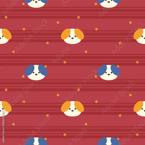 Face dog cartoon so cute. On star red background. Pattern seamless vector illustration. 