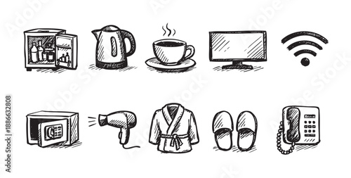 Hand-drawn sketch illustration showing hotel room amenities like minibar, kettle, coffee cup, TV, safe, and bathrobe, isolated on white background.
