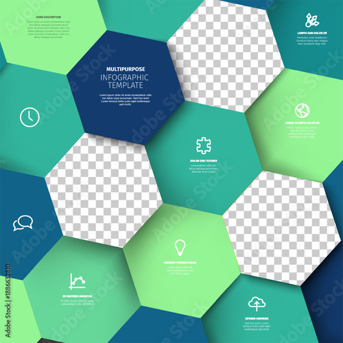 This multipurpose infographic template features a hexagon layout for business data. Use this infographic template to create a hexagon presentation with integrated photo placeholders.