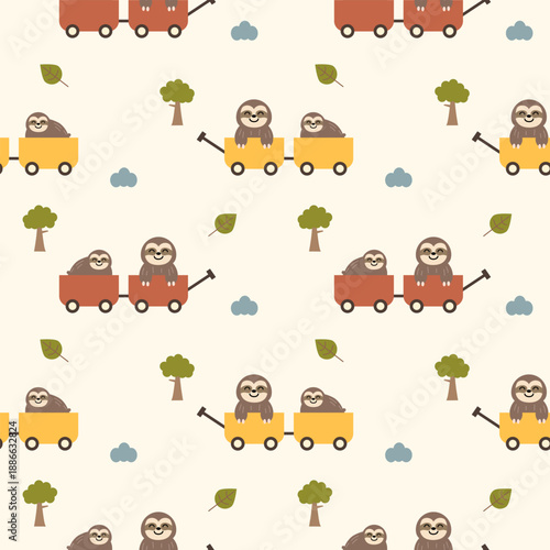 Sloth in trolley cartoon so cute. On tree cloud leaf background. Pattern seamless vector illustration. 