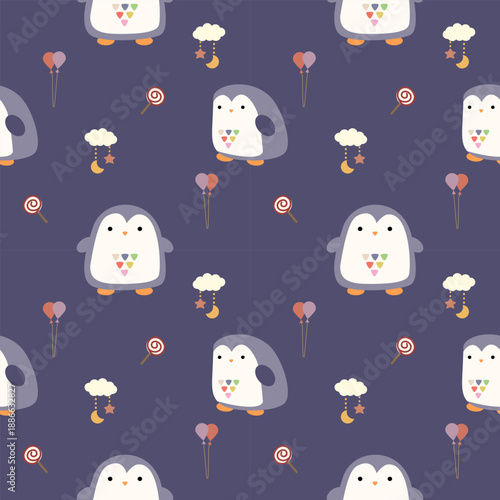 Penguin cartoon so cute. On lollipop balloon cloud moon star purple background. Pattern seamless vector illustration. 