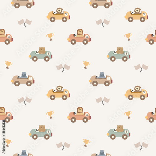 Hippopotamus bear lion monkey in racing car cartoon so cute. On flag trophy background. Pattern seamless vector illustration. 