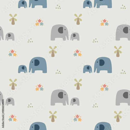 Elephant and son cartoon so cute. On tree star background. Pattern seamless vector illustration. 