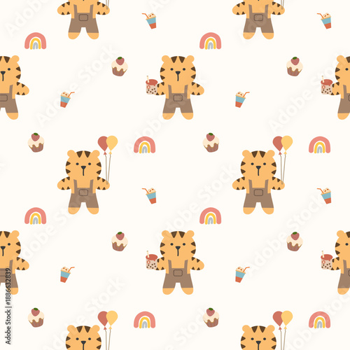 Tiger balloon and drinks cartoon so cute. On cupcake rainbow background. Pattern seamless vector illustration. 