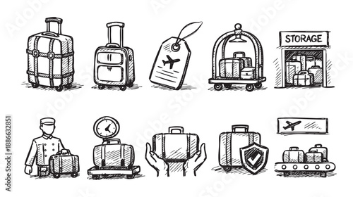 A set of hand-drawn luggage icons in black and white depicting suitcases, tags, storage, carts, and travel security, suitable for travel, tourism and shipping industries.