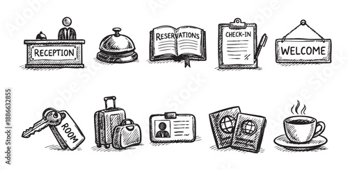 Hand drawn sketch icons representing various hotel services and amenities, perfect for travel guides or promotional materials.