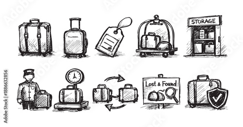 Black and white sketches depict luggage, travel tags, trolleys, storage, bellhops, scales, transfers, lost and found, and protection, providing a comprehensive overview of travel services.