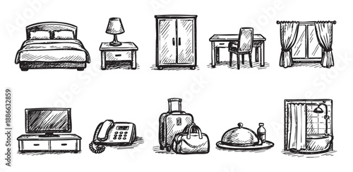 A hand-drawn illustration of hotel room amenities: bed, desk, luggage, bathroom, and more, presented as a flat lay collection with a sketchy, doodle style on a white backdrop.