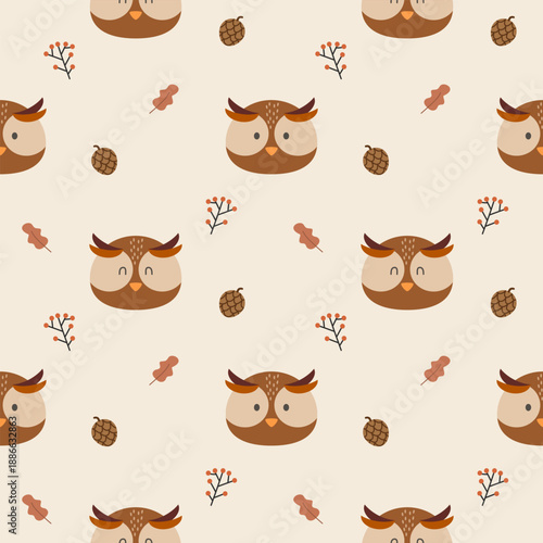 Face owl cartoon so cute. On pine cones leaf background. Pattern seamless vector illustration. 
