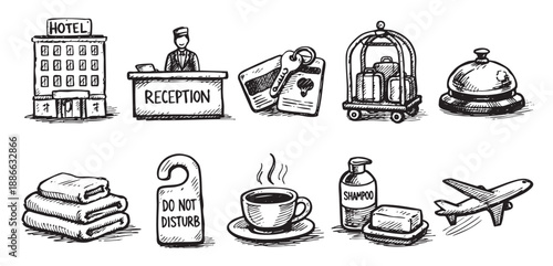 Hand-drawn hotel icons illustration depicting reception, luggage, coffee, towels, and airplane. A cute sketch style suitable for travel, tourism, or booking graphics.