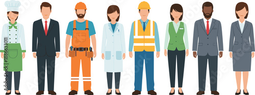 Diverse Professional Character Set Featuring Chef, Businessman, Construction Worker, Doctor, Engineer, Waitress, and Corporate Office Employees in Flat Illustration,