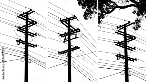 Electric utility poles silhouette, power lines crossing urban sky, transmission cables infrastructure, black and white photography, energy network