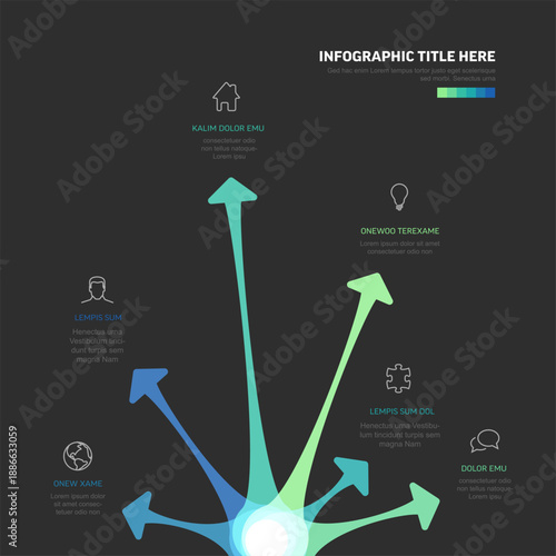 A modern business infographic template features colorful arrows pointing to icons. This sleek infographic template displays six data points with vibrant arrows on a dark background.