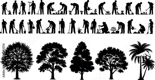 Landscaping Activities, and Various Tree Species  Silhouette Set Featuring People Planting Flowers, Watering Trees, Using Garden Tools, Landscaping Activities, 