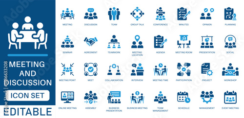 Meeting icon set. Featuring business, planning, discussion, conference, teamwork, workshop, schedule, presentation, interview, planning, collaboration and more icons. Perfect vector icon collection.