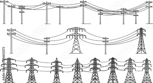 Power line infrastructure illustration, electricity transmission poles and high voltage towers, utility grid network, black outline vector set