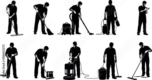 Professional Cleaning Service Silhouette Set Featuring Janitors Using Vacuum Cleaners, Mopping Floors, Sweeping, Polishing, Spraying, and Industrial Sanitation Equipment,