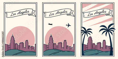 Retro Los Angeles Skyline Art – Vintage Pink Sunset, Airplanes, Palm Trees | Urban California Wall Decor, USA, US, United States
