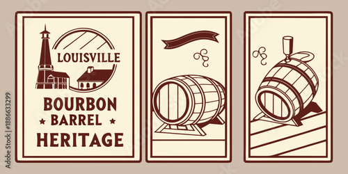 Louisville Bourbon Barrel Heritage Art – Sepia Distillery, Vintage Whiskey Barrels, Decorative Ribbon & Swirls, USA, US, United States