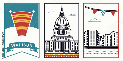 Madison Wisconsin Art Poster – Capitol Dome, Cityscape, Abstract Cone, Pennants, Vibrant Urban Landmark Design, USA, US, United States