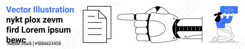 Artificial intelligence, robotics, programming, technology, digital transformation, automation. Robotic hand pointing with documents and coding visuals. Artificial intelligence and robotics concept