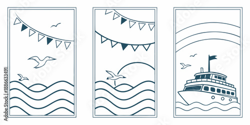 Minimalist Nautical Line Art – Ocean Scenes with Birds, Flags, Sun & Rainbow, USA, United States