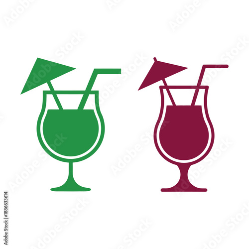 Tropical Summer Cocktail Glass Icons with Parasol and Straw - Minimalist Green and Maroon Drink Vector Illustration for Bar Menus and Party Decor vector illustration of a cocktail