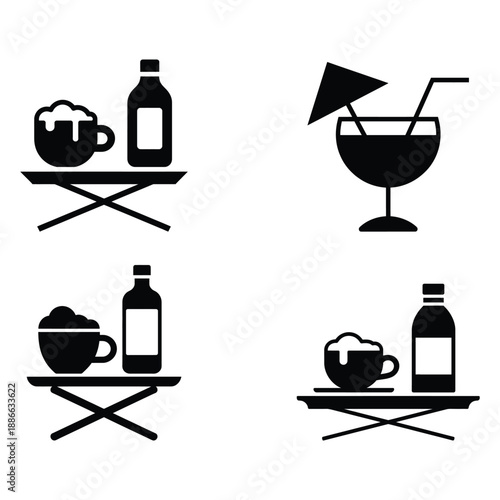 Black Silhouette Beverage Icon Set Featuring Cocktails Beer and Bottle Service on Trays food and drink icons set