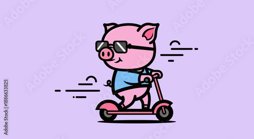 Cartoon pig riding scooter on purple