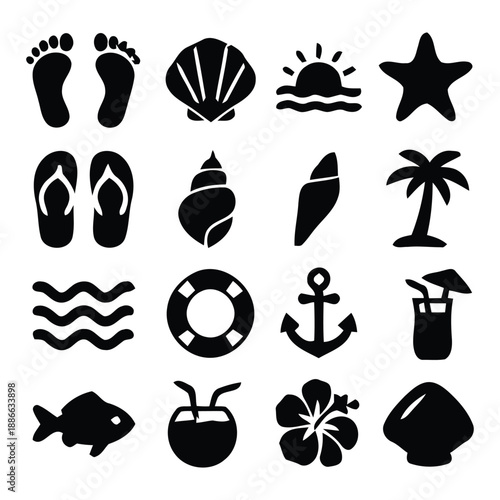 Beach Vacation and Summer Holiday Icon Set - Minimalist Black Silhouette Vector Symbols Featuring Seashells, Tropical Palm, Anchor, and Ocean Elements set of summer icons vector