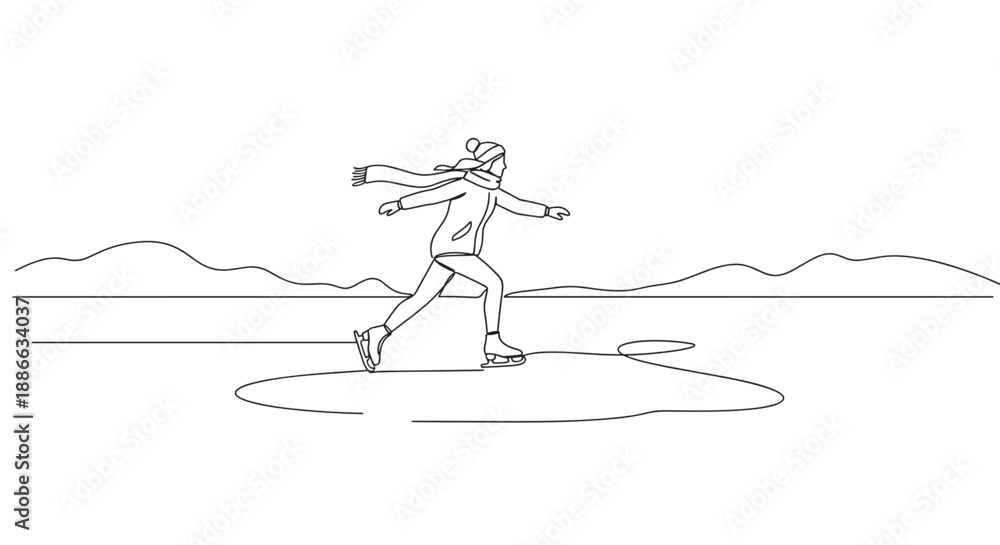 Fototapeta premium Line drawing of a person skating on a rock in a scenic outdoor landscape with mountains in the background on a transparent background
