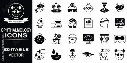 Ophthalmology flat icon set. Glasses, contact lens, cornea, retina, design eye and more concept. Ophthalmology eye doctor hospital medical icon set. Vector illustration.