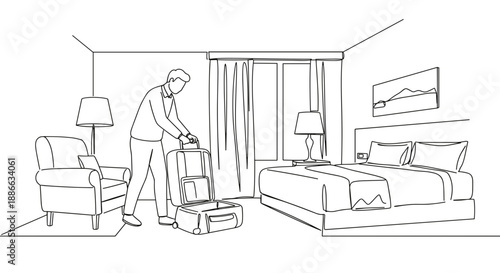 Line drawing of a man packing a suitcase in a hotel room with a cozy bed, chair and window on a transparent background